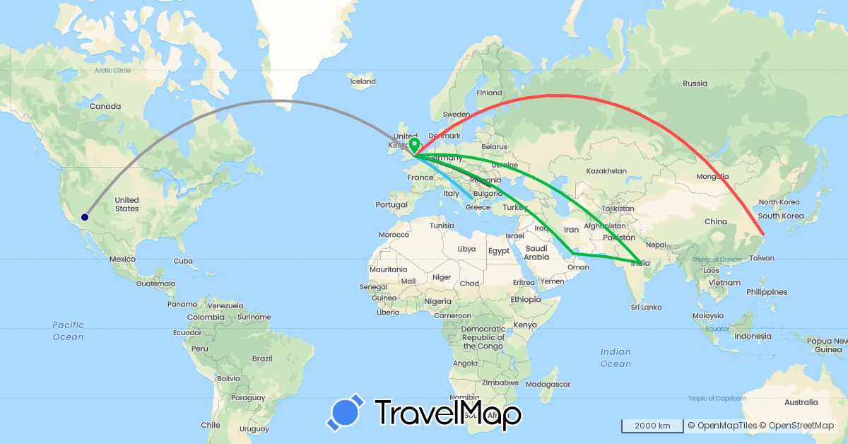 TravelMap itinerary: driving, bus, plane, hiking, boat, motorbike in United Arab Emirates, Albania, China, United Kingdom, India, Romania, United States (Asia, Europe, North America)